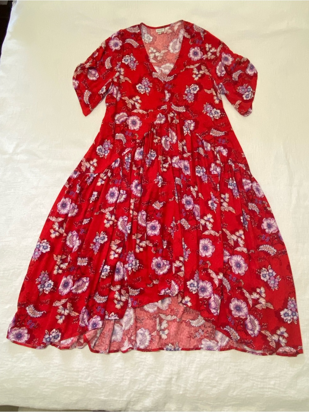 Avenue Womens Plus Size 22/24 Red Floral Boho Maxi Dress Hi Low V-Neck